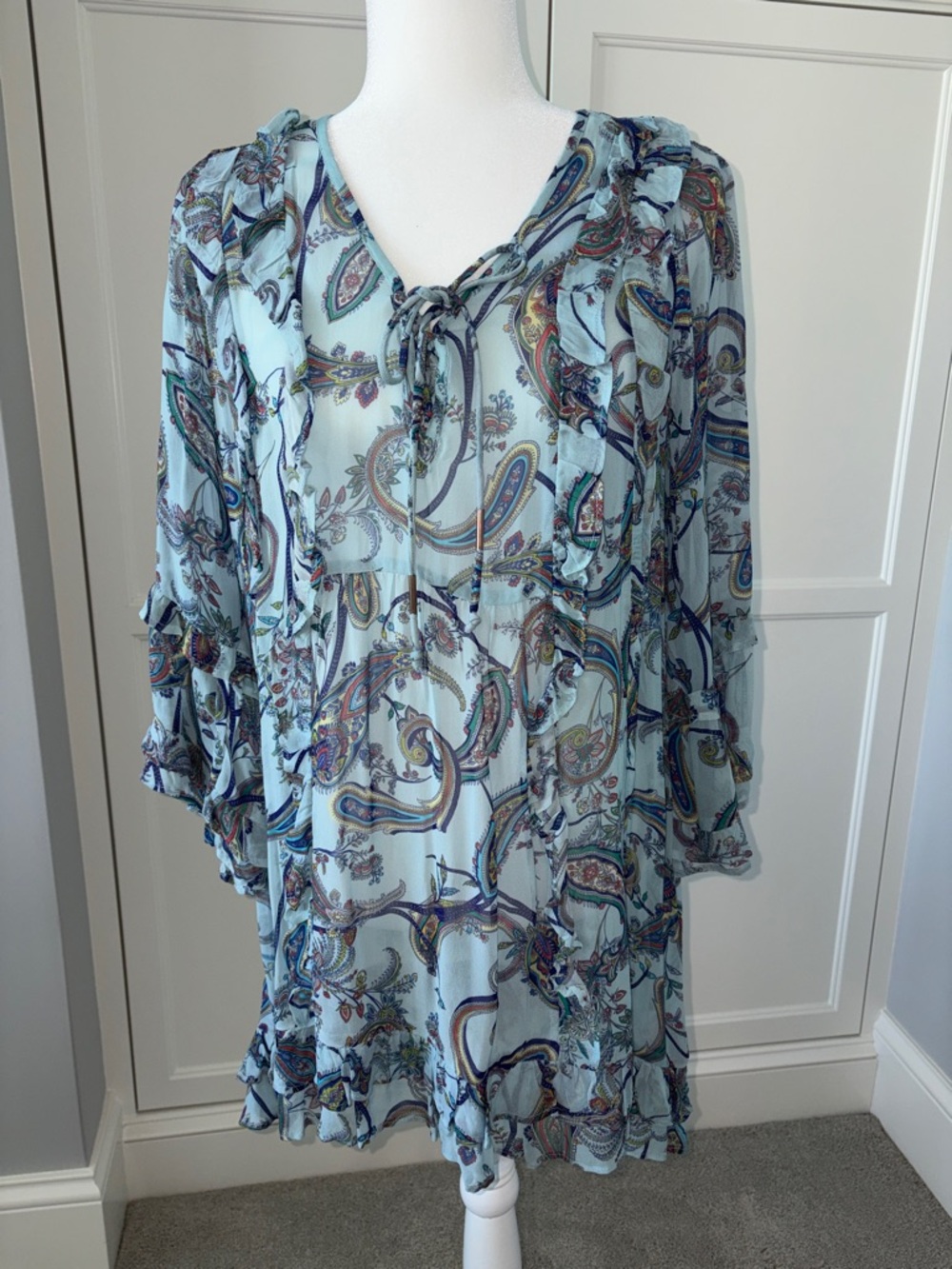 Anthropologie Light Blue Paisley Ruffle Asymmetrical Tunic Dress
